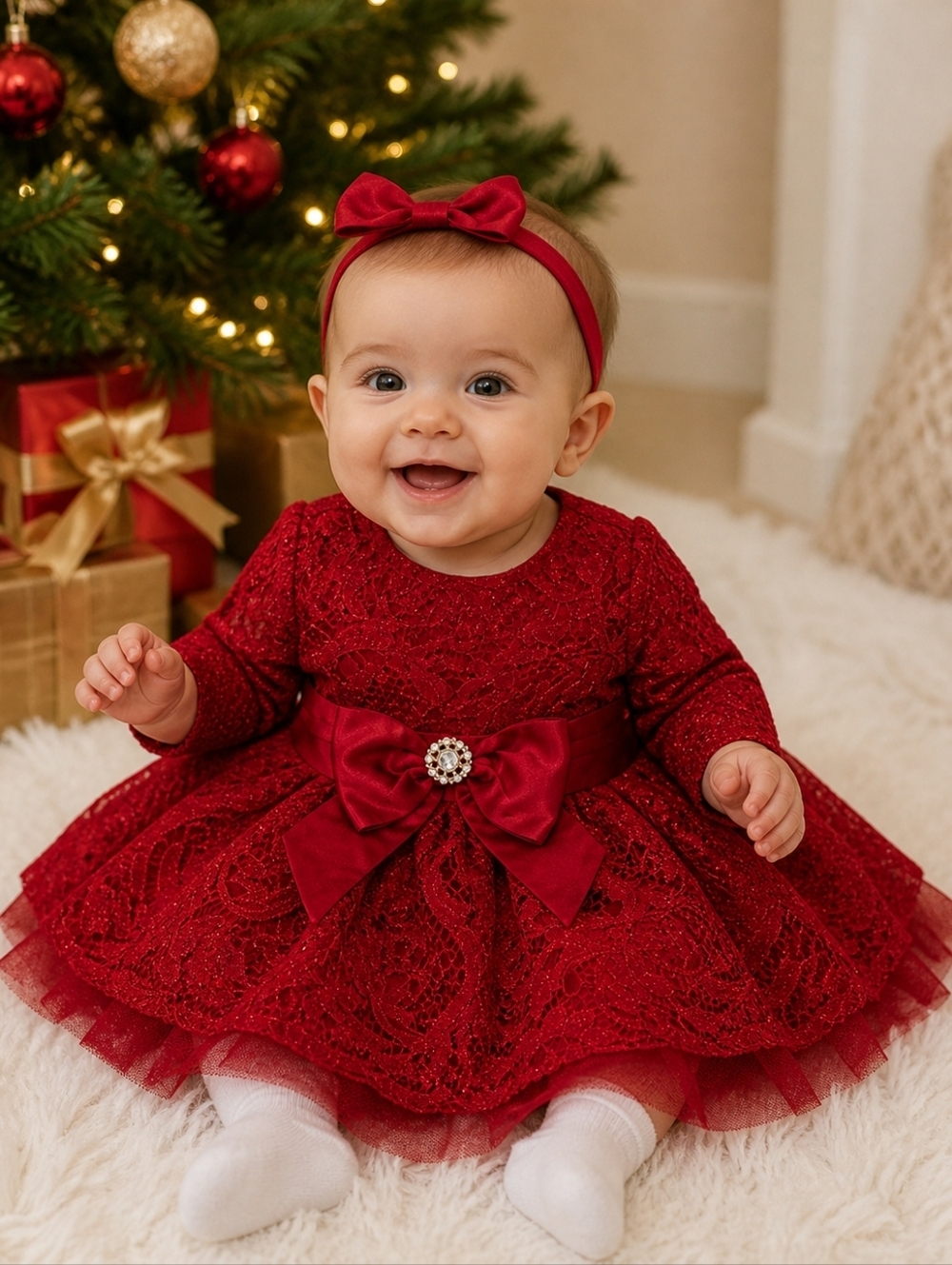 Rare Editions Baby Girls Red Lace Holiday Dress Bow Party Christmas 3-6M